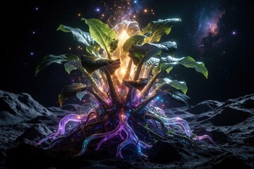 Fototapeta premium Futuristic cosmic plant grows on dark moon surface. Glowing neon roots, leaves shine with bright energy in deep space. Alien botanical life evolves with vibrant light colors near nebula stars. Sci-fi