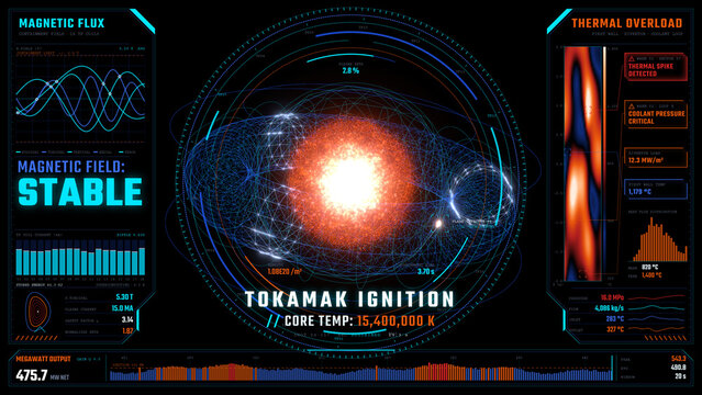 Tokamak fusion reactor control panel interface displaying core ignition