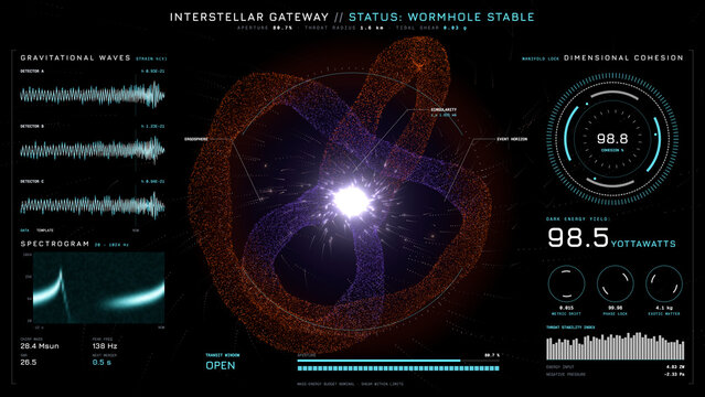Futuristic sci-fi user interface displaying wormhole telemetry data