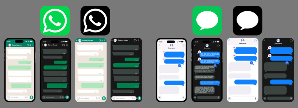WhatsApp and iMessage chat mockup collection in light and dark mode, smartphone messaging app vector UI kit, mobile screen template set with app icons