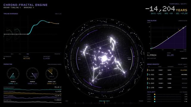 Sci fi time travel dashboard interface with timeline divergence charts