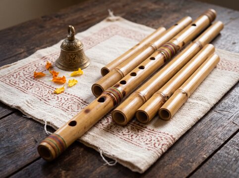 Row of traditional bamboo flutes and a wooden bansuri on a handwoven cloth, Indian classical music instruments still life