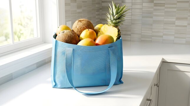 Blue reusable grocery bag filled with fresh tropical fruits