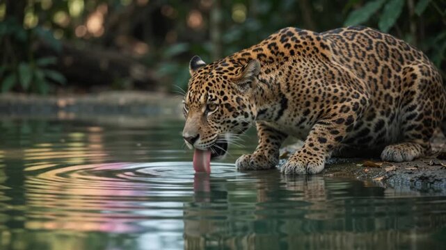 Jaguar drinking water from jungle pool in the Amazon rainforest