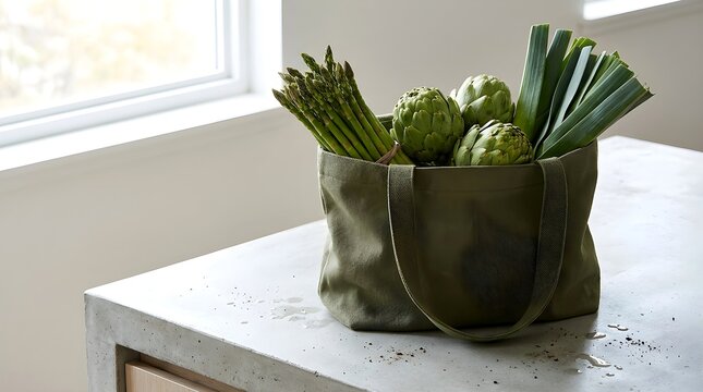 Fresh green vegetables in a shopping bag on a table