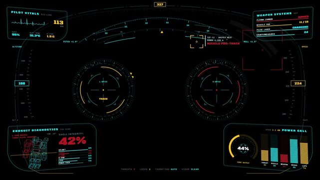 Sci fi helmet HUD interface with weapon systems and exosuit telemetry