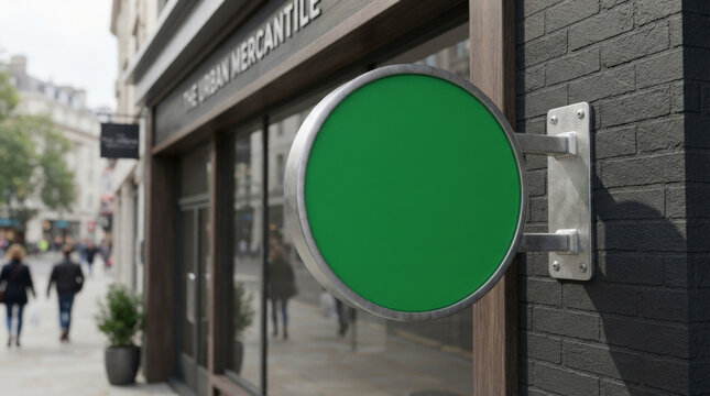 Circular metal shop sign with green center extends from dark brick wall on urban street corner for local business brand identity.