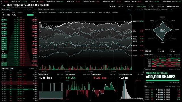 High frequency algorithmic trading dashboard with market charts and data