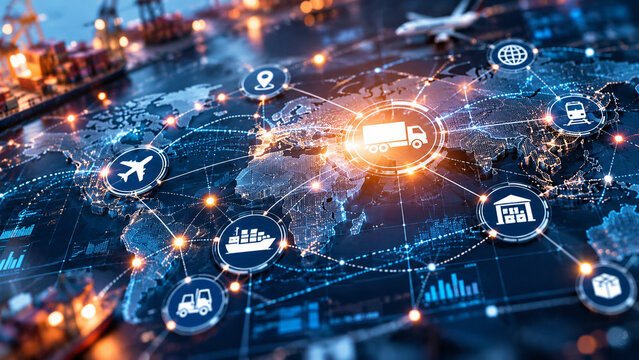 AI generated global logistics supply chain network connected air sea road transport icons futuristic digital map representing worldwide shipping trade distribution