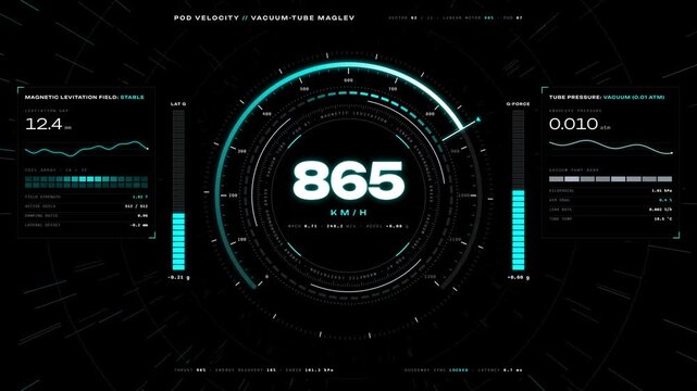 Futuristic speedometer HUD interface showing high velocity telemetry