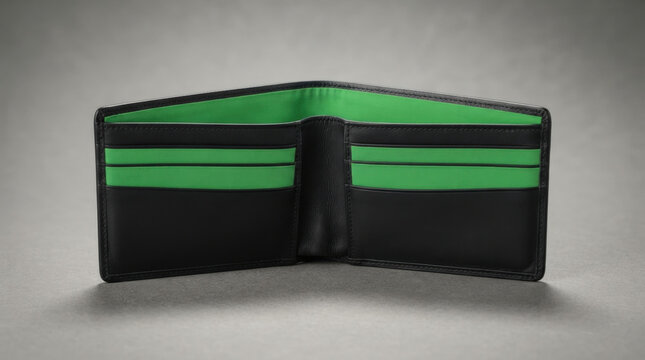 Empty black leather wallet displaying interior card slots with bright green accents for modern financial and personal utility.