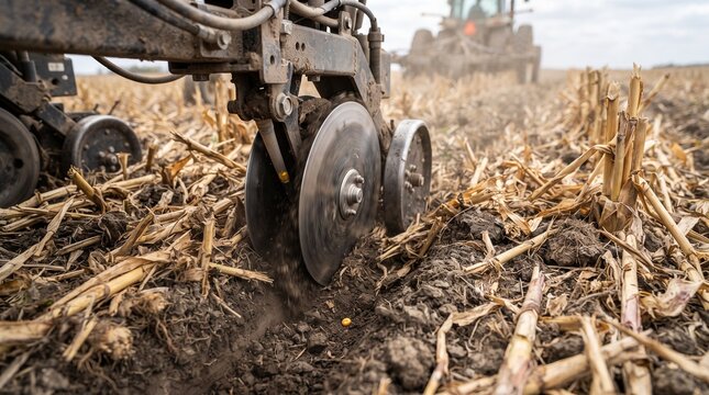 Close up of agricultural planter disc cutting into soil planting corn seed in a harvested field with tractor in background
