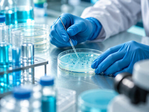 AI generated scientist hands wearing blue gloves using an inoculating loop to examine bacterial colonies petri dish during microbiology research laboratory testing