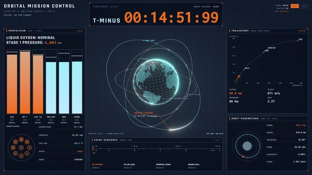 Orbital mission control interface showing launch countdown and telemetry