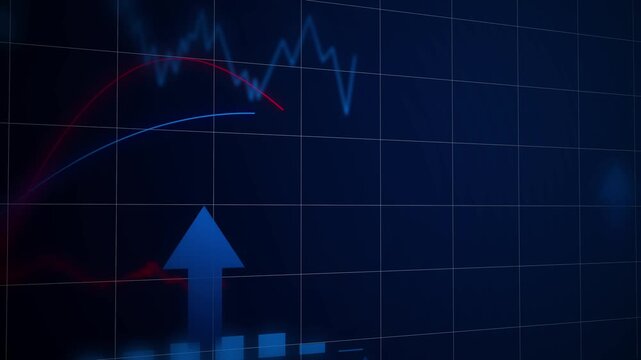 Animated financial charts with rising bars, line graphs and upward arrow on dark blue grid, business growth and market analytics concept
