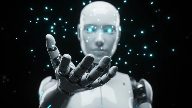 Motion Graphics Animation Video of Futuristic Bionic Humanoid Robot and Gesture Interaction on Black Background