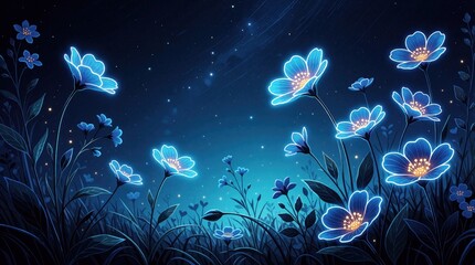 Fototapeta premium Glowing blue flowers bloom in mystical dark forest at night. Ethereal neon flora shines under starry sky in fantasy landscape. Dreamlike botanical background with luminous petals, soft light creates