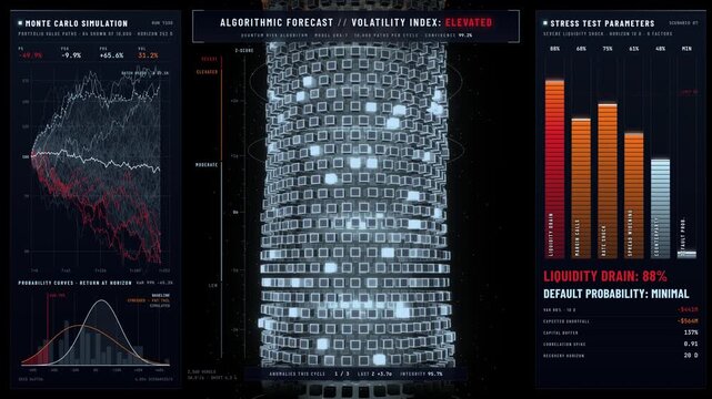 Financial analytics dashboard with 3D model and risk metrics