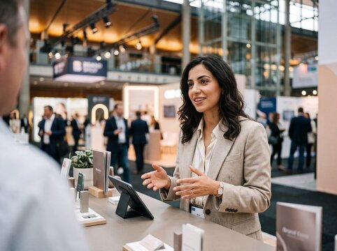 Middle Eastern Businesswoman Explaining Product Features at a Modern Trade Show Booth
