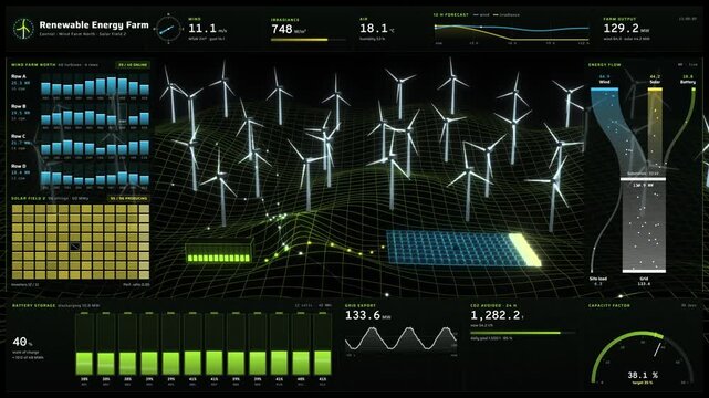 Renewable energy digital twin dashboard with wind turbines and solar panels