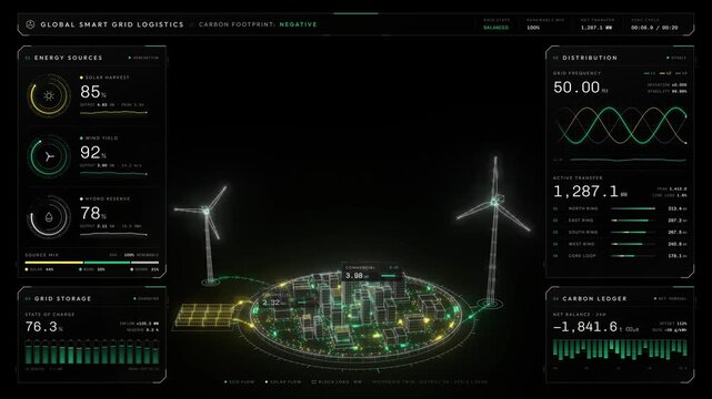Smart grid dashboard displaying renewable energy data and city twin