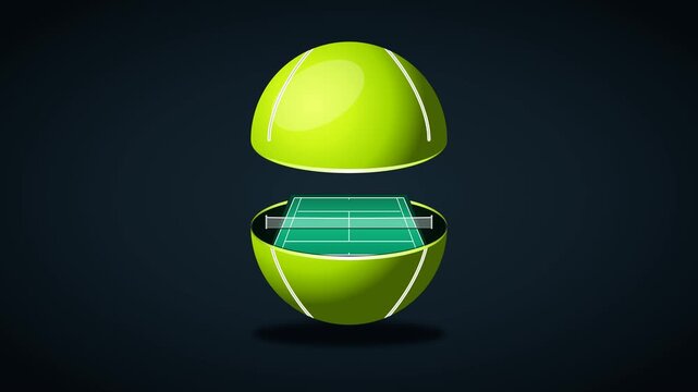 A giant tennis ball opens as its upper shell rises, revealing a miniature green tennis court nestled inside the hollow lower half, with tiny net and lines for clean sports animation and digital media.