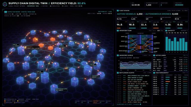 Digital twin dashboard displaying supply chain network data and analytics