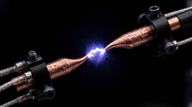 Copper electrode plasma discharge creates bright blue electrical arc against dark background, showing precise laboratory