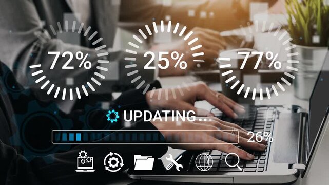 Business professionals working on laptop with graphic user interface displaying progress update and statistics in modern office environment. Entropy.
