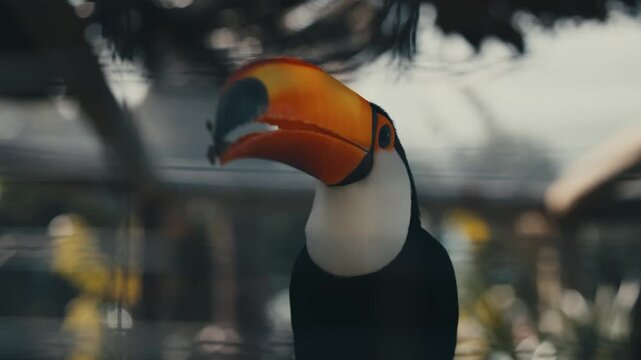 Toco toucan, Ramphastos toco, a striking tropical bird recognised by its oversized orange bill, black plumage and white throat.