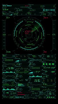 Futuristic HUD interface with sci fi radar display and telemetry data