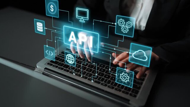 Business Professional Interacting with Digital API Interface on Laptop Device in Modern Office Environment. Entropy.