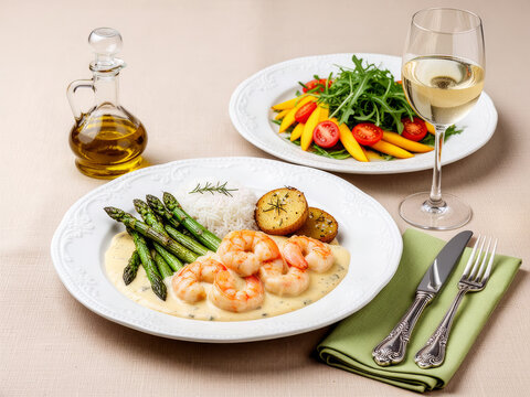 Shrimp Stroganoff with rice, grilled asparagus, fresh salad, and a glass of white wine on a set table - estrogonofe de camar&atilde;o 
