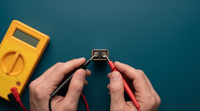 Hands using a digital multimeter to measure the voltage of a nine