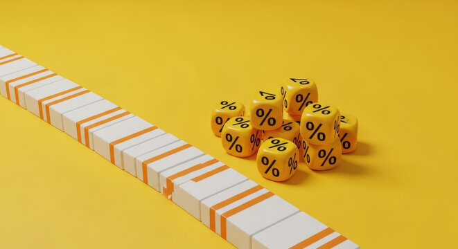Percentage Dice Falling Down Beside Growth Bar on Bright Yellow Background