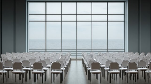 Rows of Empty Conference Room Chairs Facing a Large Window with Ocean View