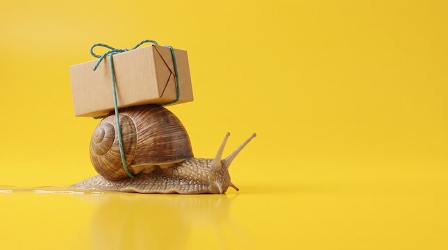 Garden snail carrying a small cardboard parcel on its shell against a