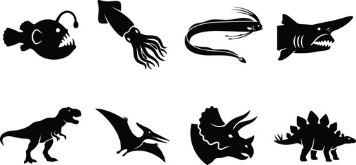 Prehistoric dinosaur and deep sea marine creature silhouette icon set featuring t-rex, anglerfish, and extinct animals. © PalashChandra