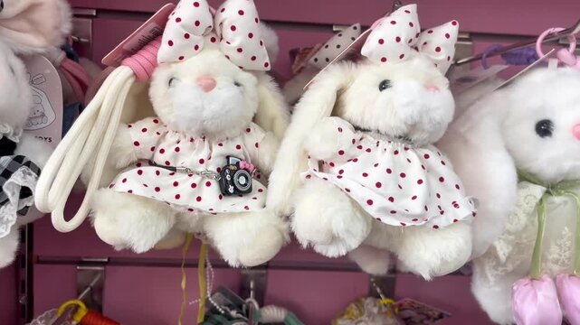 Cute white rabbit plush toys and stuffed animal keychains. Adorable fluffy bunny doll keyrings dressed in white dresses with red polka dots, alongside retail gift shop accessory displays. 