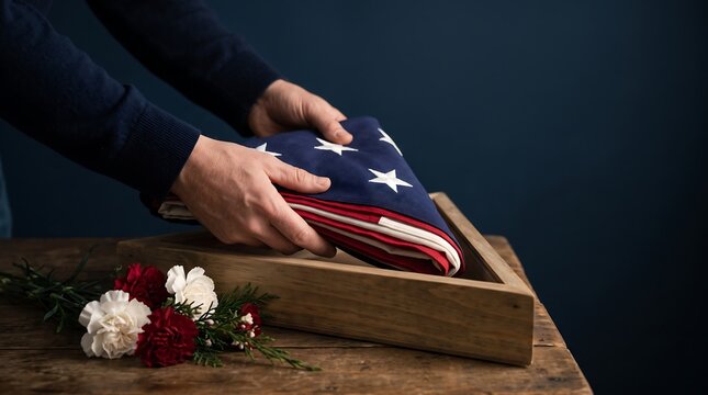 Hands placing a folded American flag into a wooden memorial case with