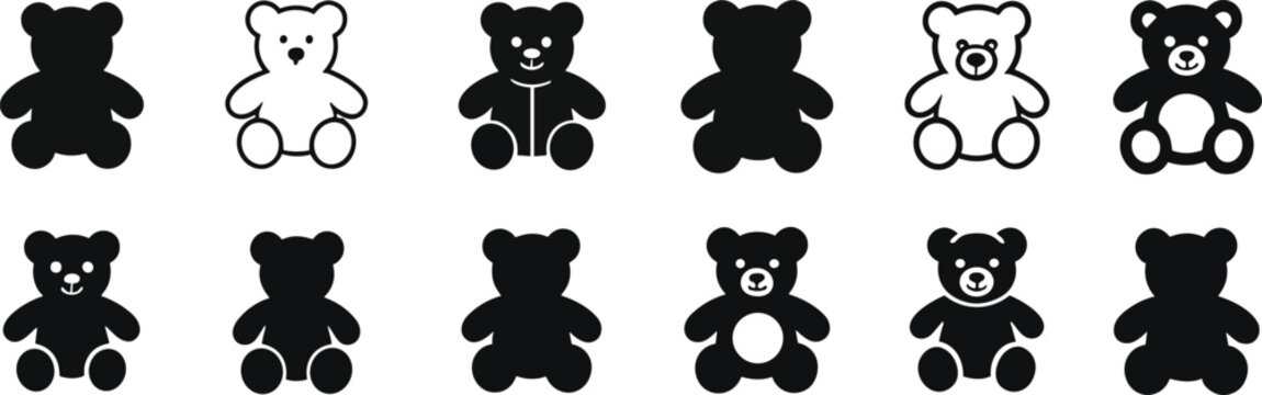 Collection of Twelve Teddy Bear Icons and Silhouettes in Black and White on a White Background plush