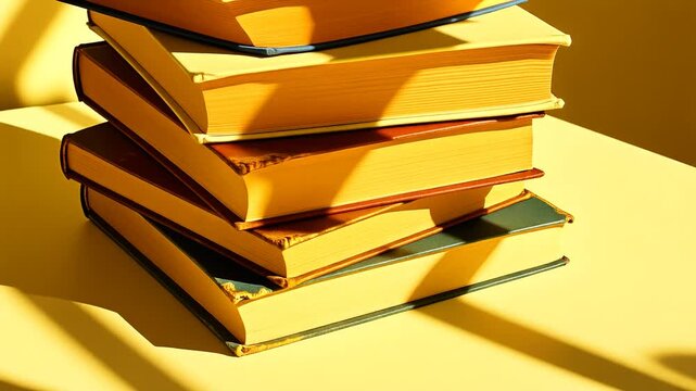 Stack of Old Books on Yellow Surface with Sunlight Shadows - Vintage Education Concept