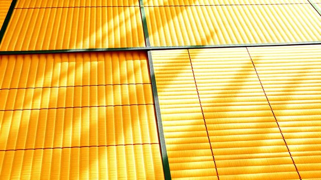 Abstract Sunlit Yellow Building Facade with Shadow Patterns