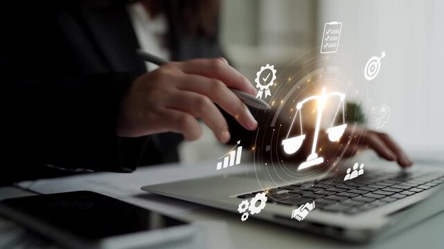 Futuristic digital law interface displaying justice scale, highlighting digital law, AI compliance, digital law systems, and digital law regulations for secure governance. Muxer