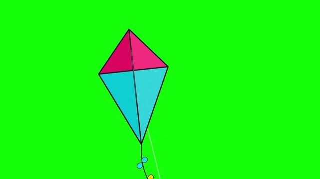 Traditional Diamond Kite Flying Animation on Green Screen, Seamless Loop Vector Motion Graphic of Colorful Kite Fluttering in the Wind for Summer Leisure and Outdoor Activity Concepts