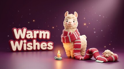 Fototapeta premium Cute llama and lamb wearing a red knitted scarf with warm wishes text