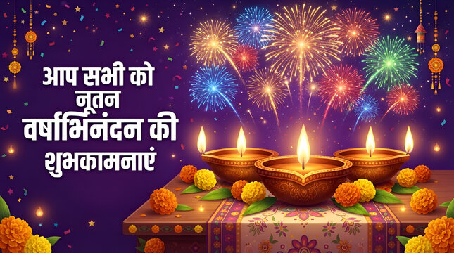 Nutan Varshabhinandan', meaning 'Happy New Year' in Hindi language, India. Indian festival of lights, even called Diwali. Nutan varshabhinandan and Saal Mubarak Post Template