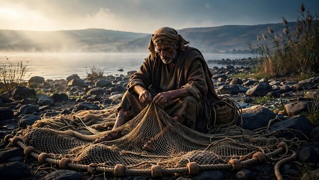Apostle Peter the fisherman mending nets by the Sea of Galilee at sunrise
