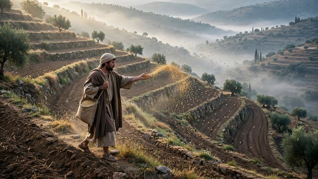 Parable of the sower casting seeds on terraced hillside fields in the morning mist