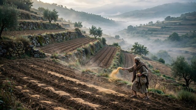Parable of the Sower sowing seeds on terraced hillside fields in the morning mist